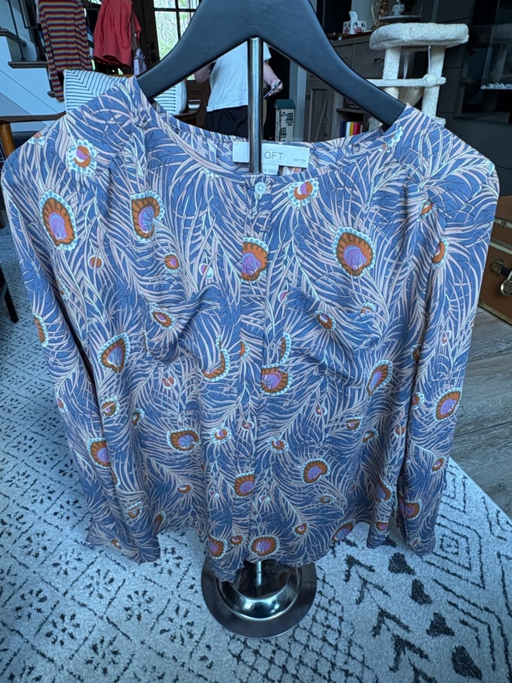 LOFT Blue Feather-Print Button-Front Blouse with Orange and Purple Accents